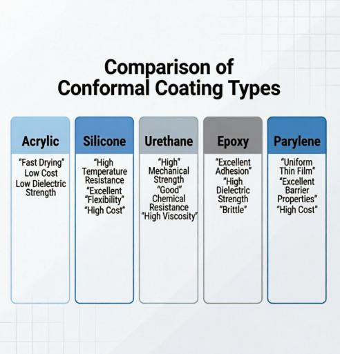 Comparison chart of acrylic, silicone, urethane, epoxy, and parylene conformal coating types