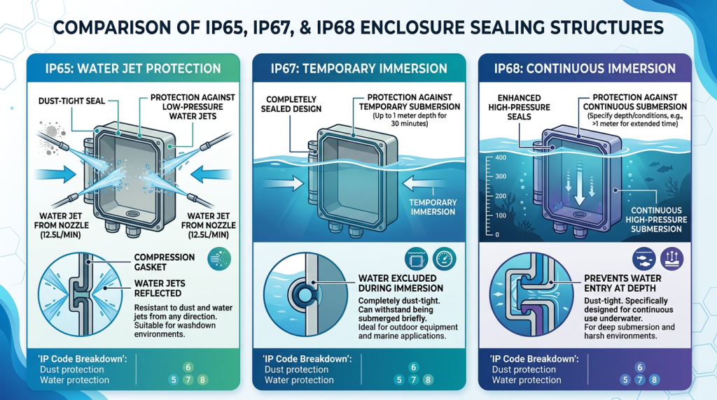 Comparison of IP65, IP67, and IP68 enclosure sealing structures