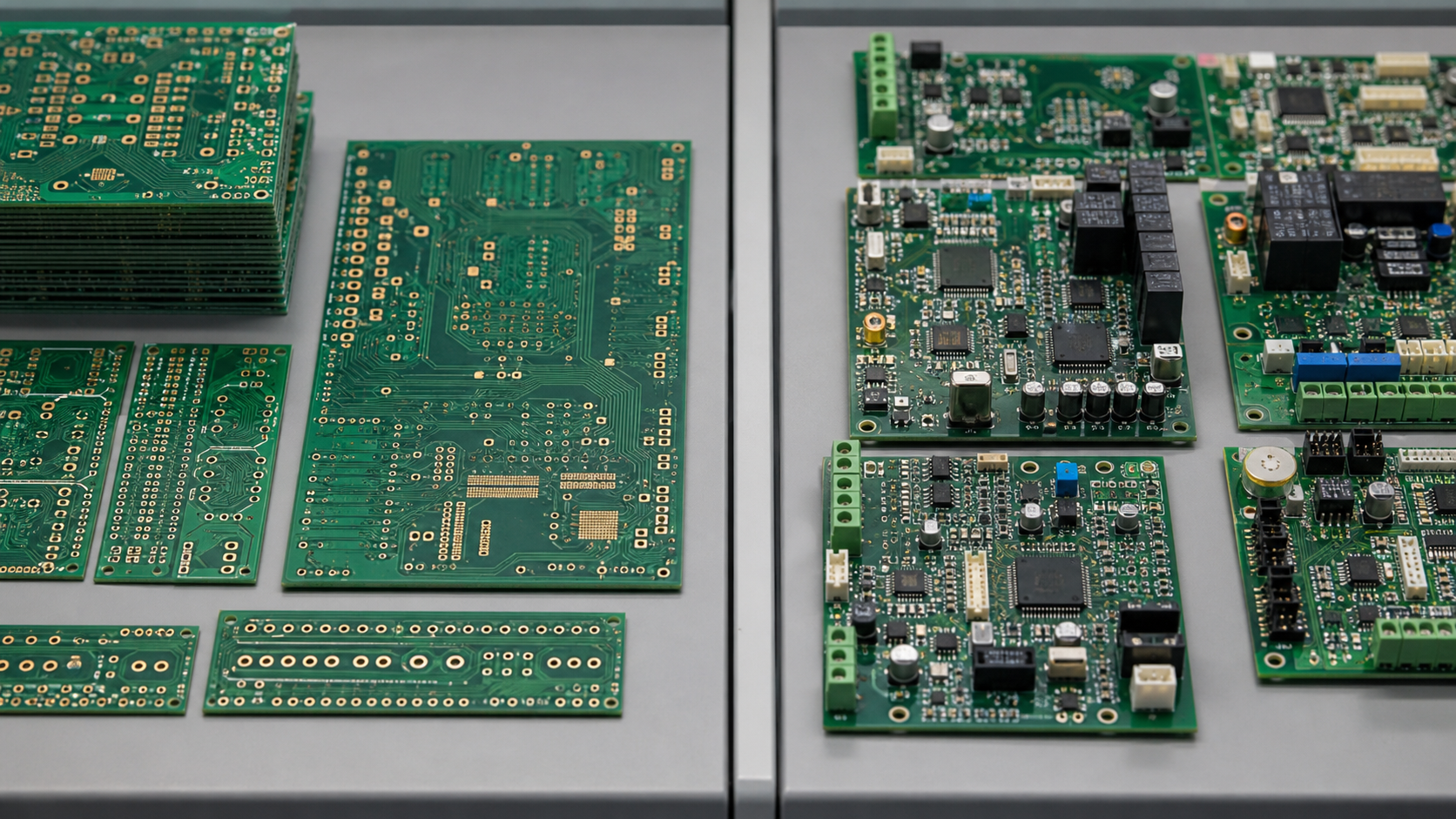 Bare PCB boards compared with populated PCBA assemblies