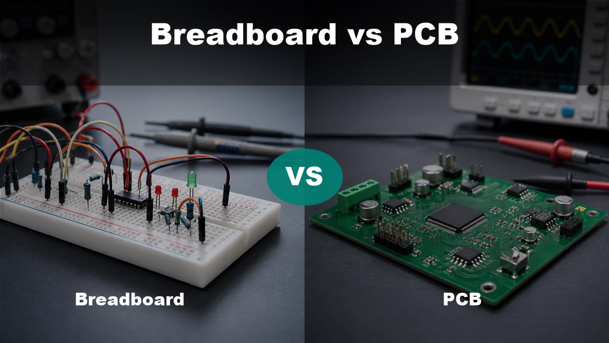 Breadboard vs PCB comparison with a wired breadboard prototype on the left and assembled PCB on the right