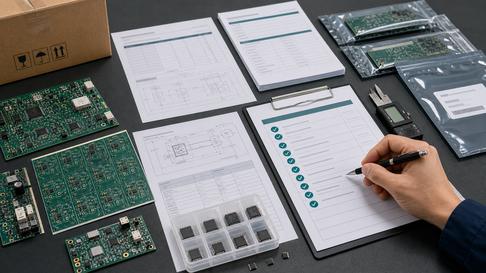 Circuit board export documentation checklist with PCB samples and customs paperwork