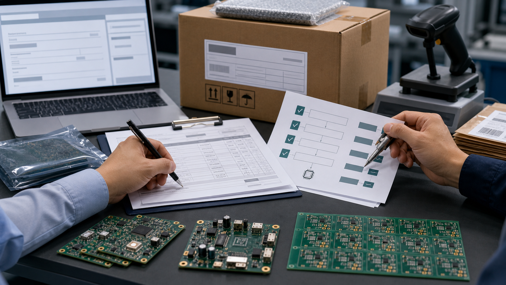 Engineer reviewing circuit boards and export documents for HS code classification