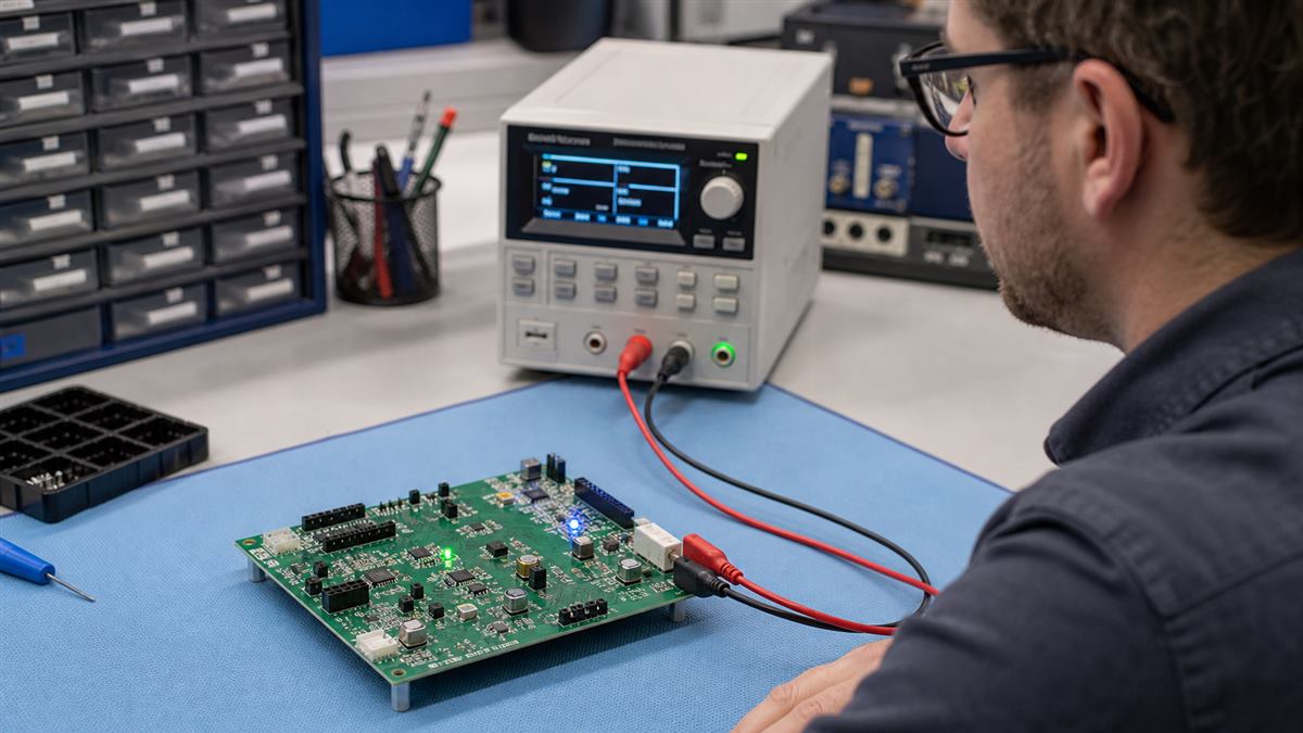 PCB connected to a current-limited bench power supply for controlled first power-up