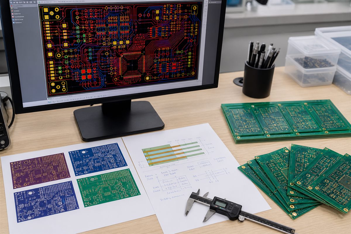 PCB CAD screen, Gerber file printouts, calipers, and custom PCB samples on an engineering desk