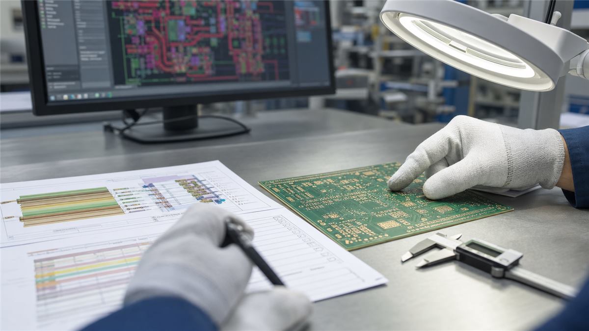 Engineer reviewing custom PCB files, stackup notes, and bare board sample before manufacturing