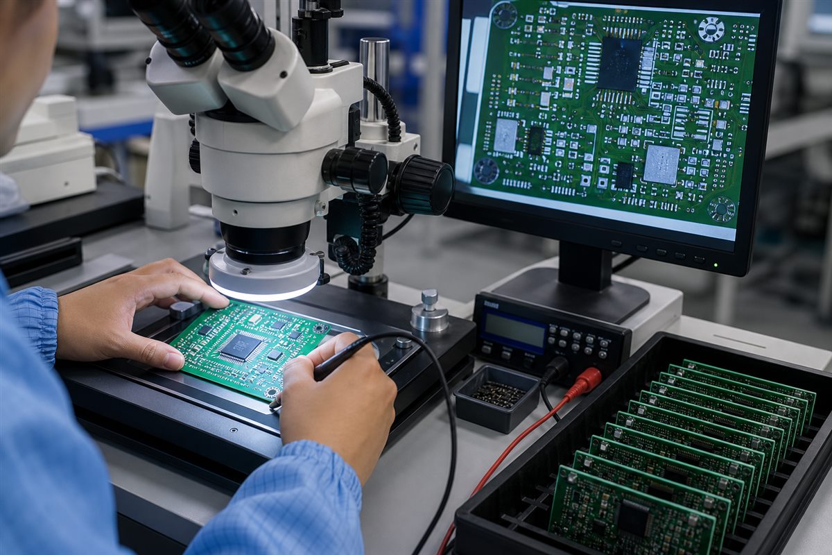 Custom PCB quality inspection under microscope with test equipment and boards in trays