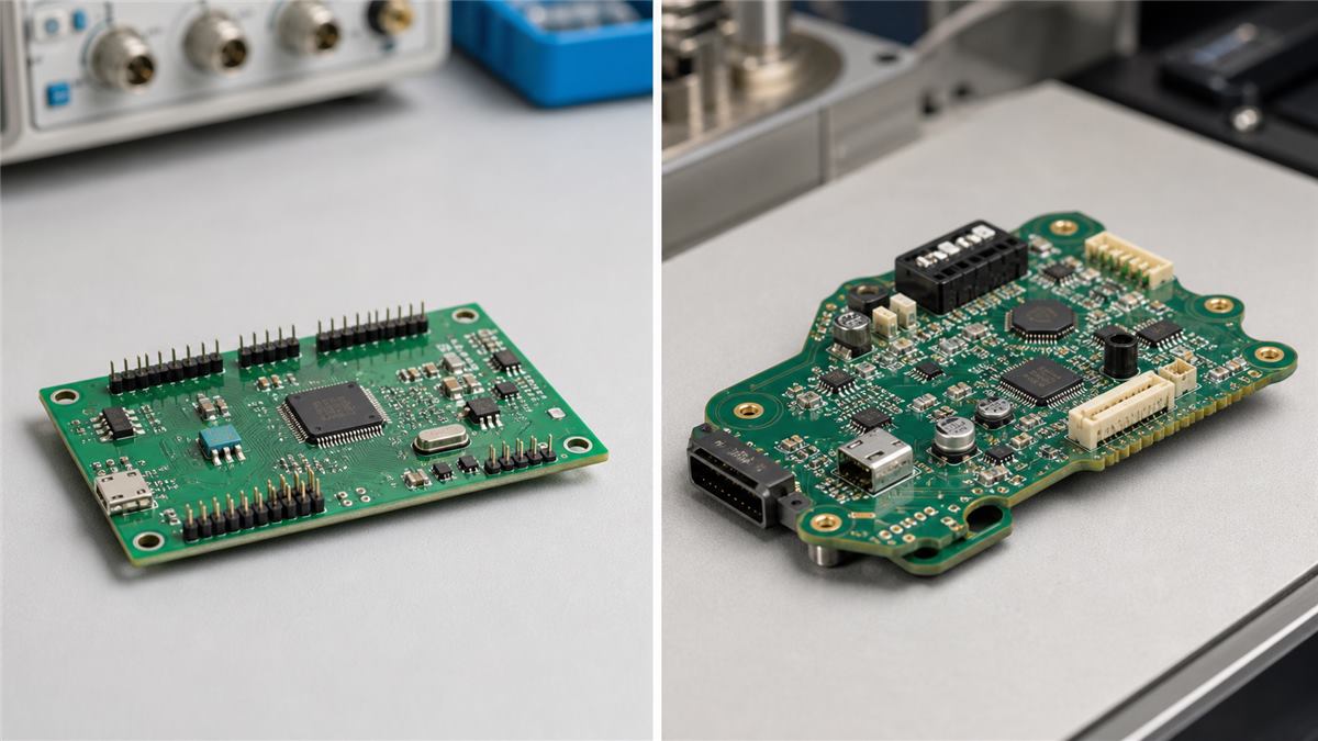 Standard rectangular PCB compared with a custom-shaped PCB for an application-specific design