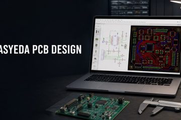 PCB design workstation with a schematic, routed PCB layout and physical prototype
