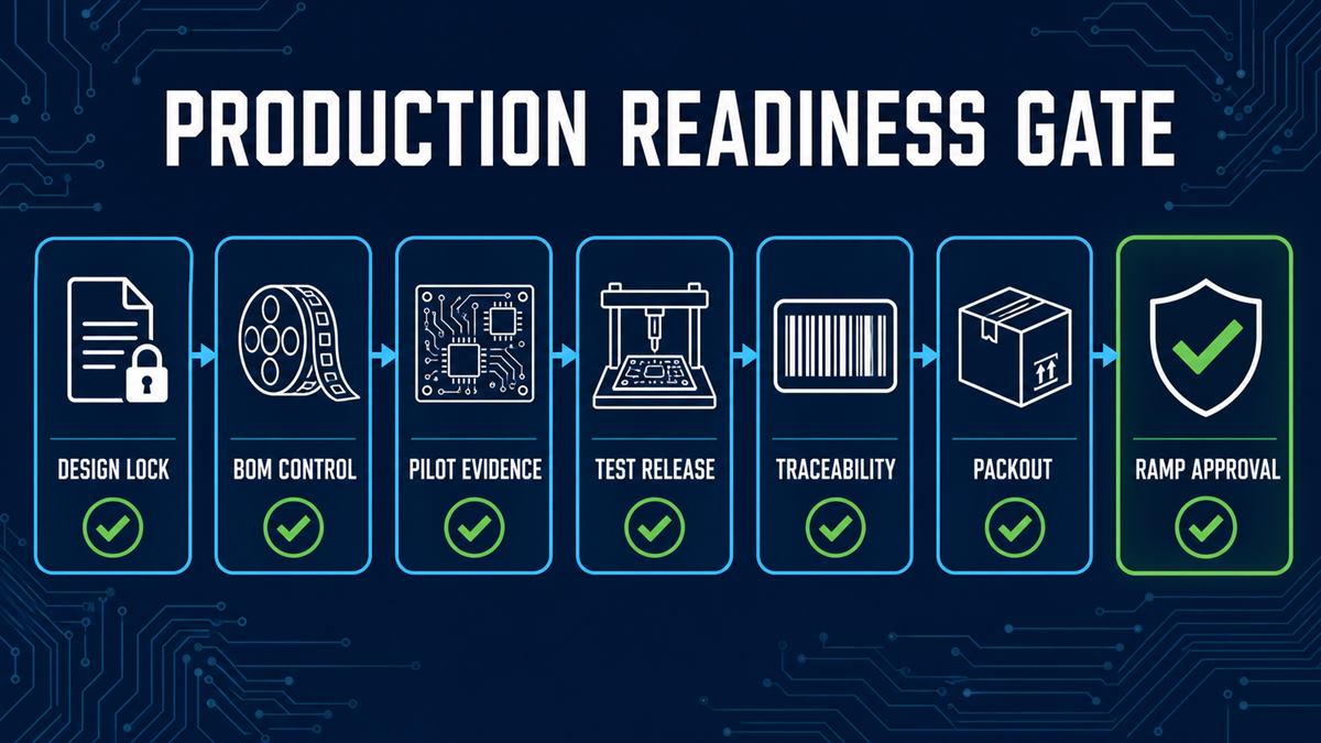 Production readiness gate for high volume PCB assembly covering design, BOM, pilot, test, traceability and release