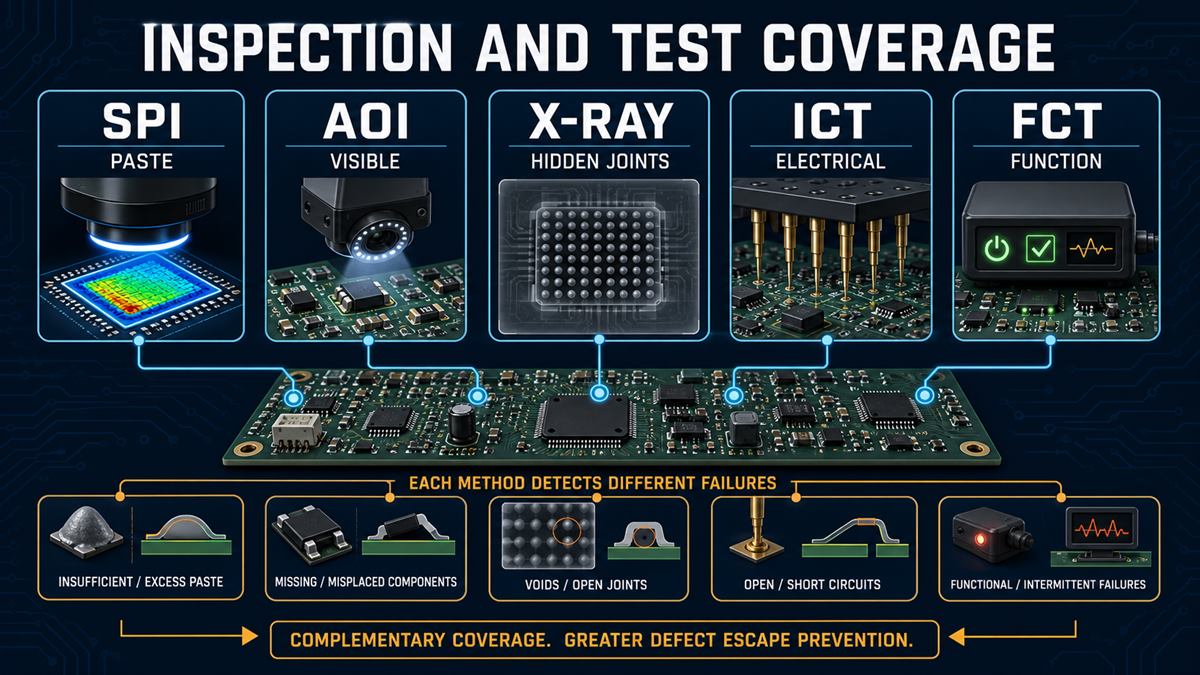 Inspection and test coverage matrix for high volume PCB assembly using SPI AOI X-ray ICT and functional test
