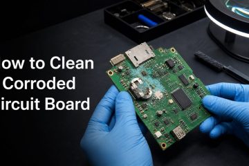 Technician inspecting a visibly corroded circuit board on an electronics repair bench
