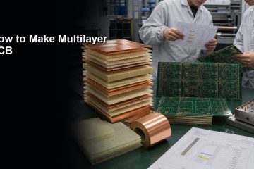 Multilayer PCB production panel and cutaway stackup beside a lamination press