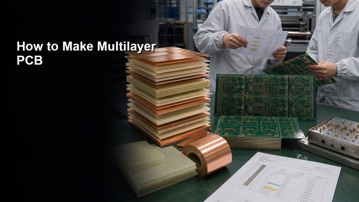Multilayer PCB fabrication panel beside a visible copper and dielectric stackup sample