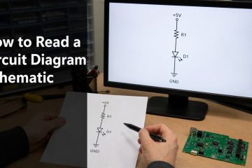 Engineer comparing a simple circuit schematic with a physical PCB