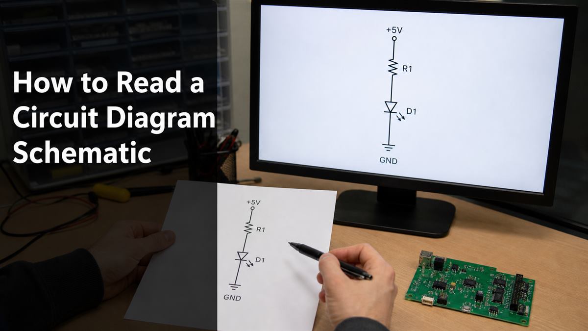 Engineer comparing a simple circuit schematic with a physical PCB