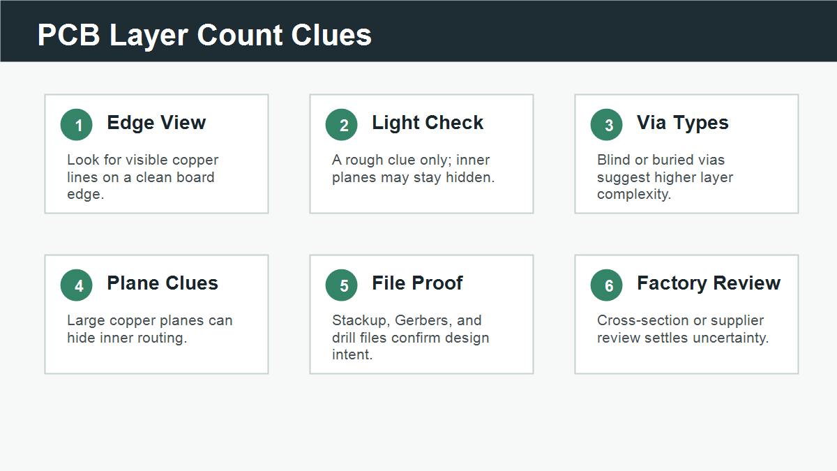 PCB layer count clues including edge view light check vias and file proof