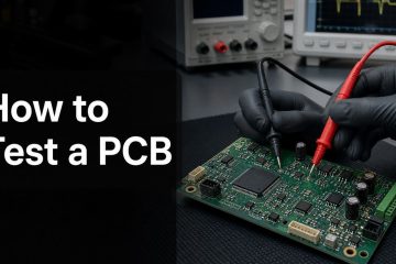 Assembled PCB being tested with multimeter probes on an electronics workbench