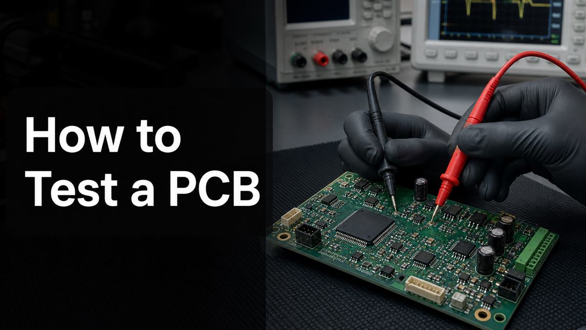 Assembled PCB being tested with multimeter probes on an electronics workbench