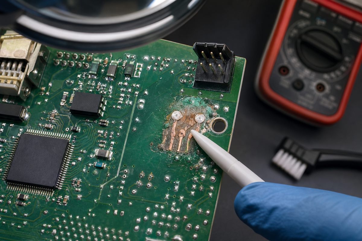 Technician inspecting pitted copper traces and pads on a disconnected corroded circuit board