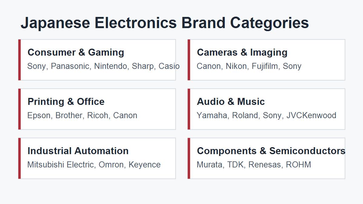 Japanese electronics brand categories including consumer gaming imaging printing audio industrial automation and semiconductors