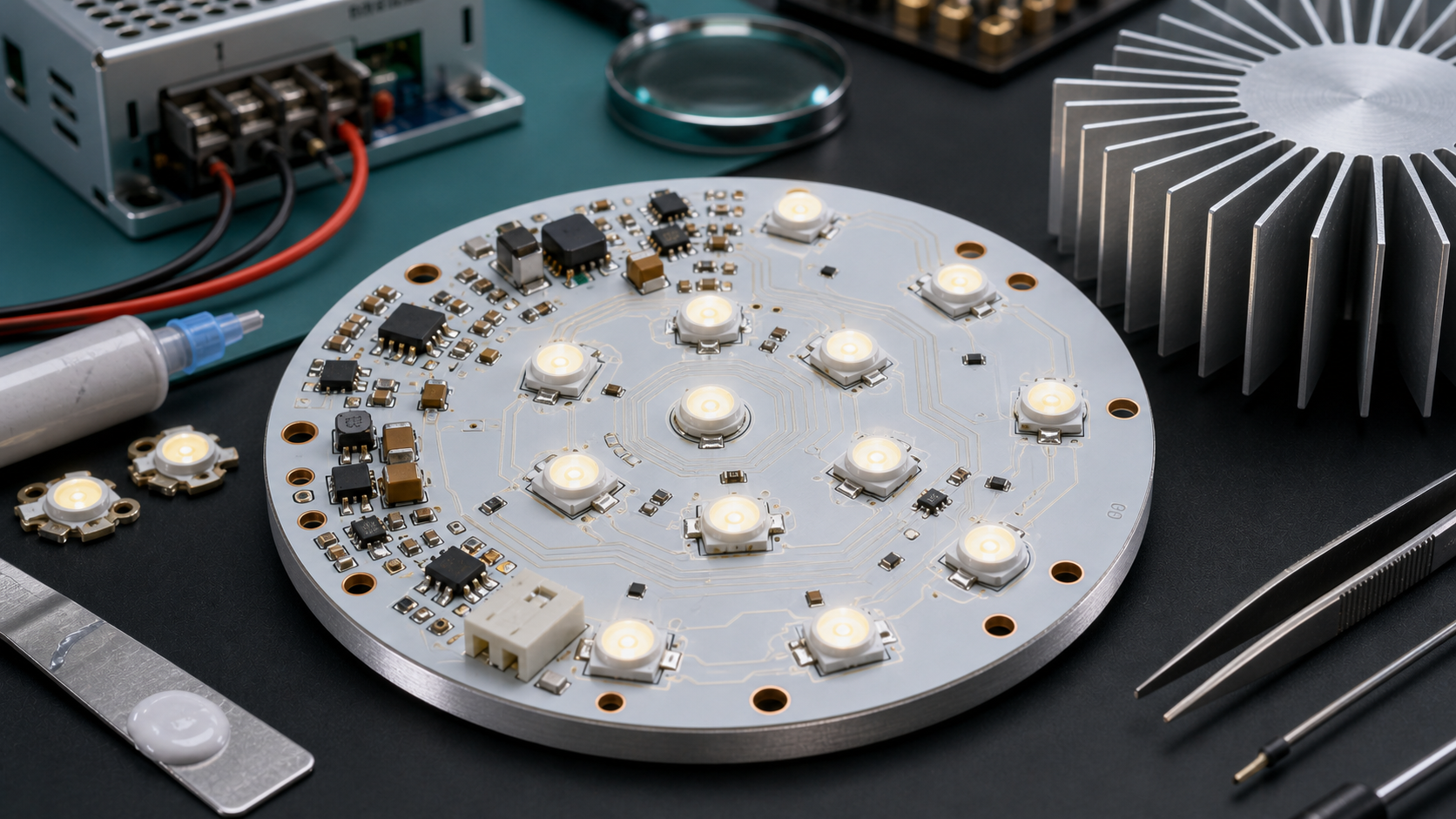 LED light circuit board with LED emitters, driver components, and heat sink for industrial lighting