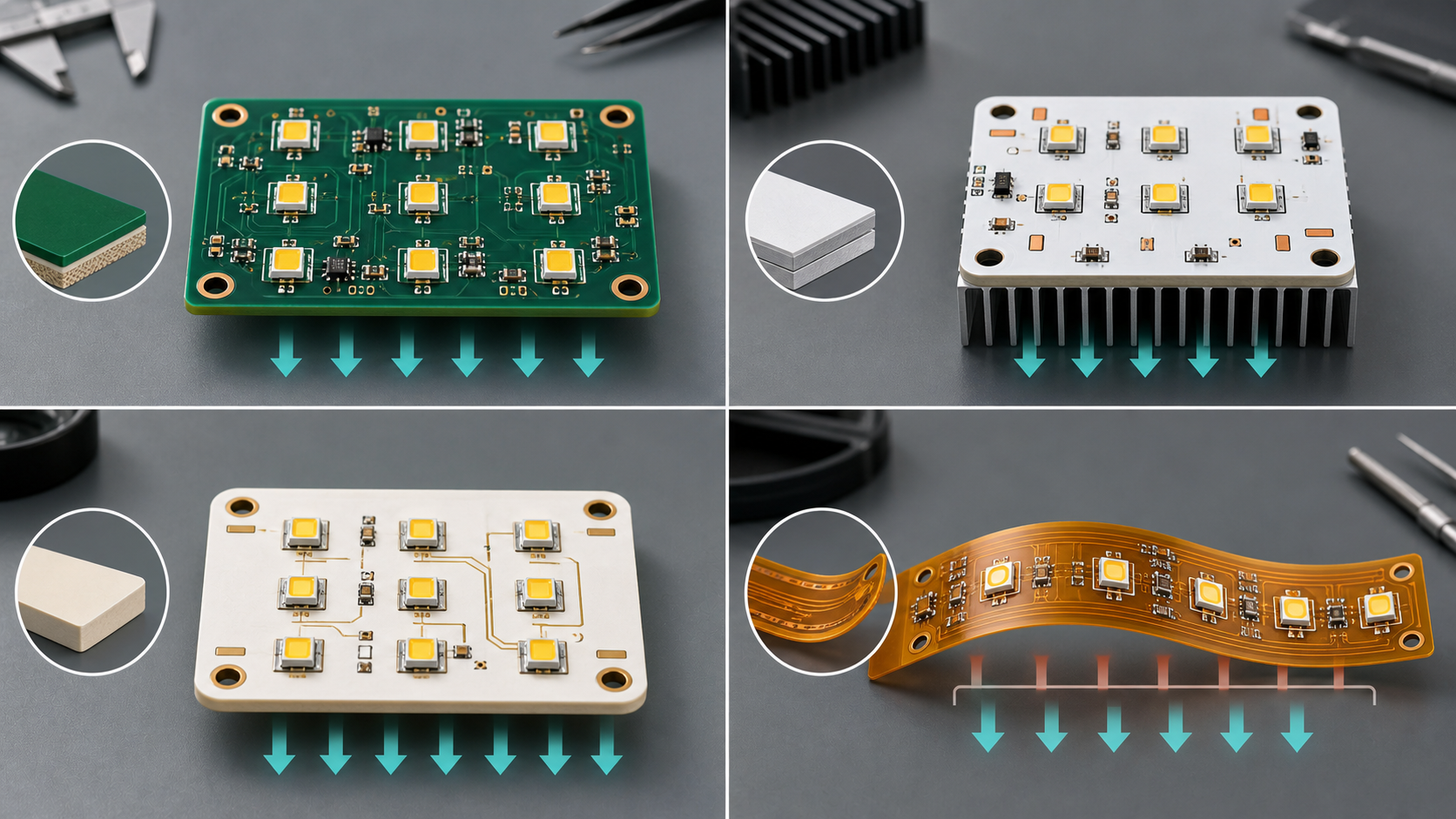 Different LED circuit board materials including FR-4, aluminum core, ceramic, and flexible LED PCB