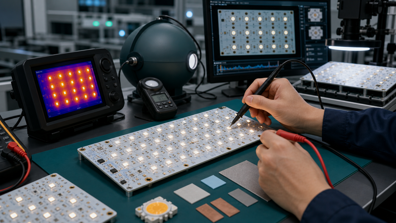 Engineer testing LED light circuit board current, brightness, solder quality, and thermal performance