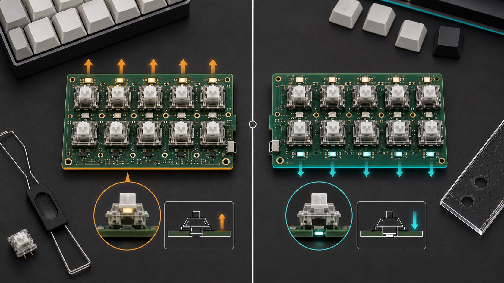Comparison of north-facing and south-facing mechanical keyboard PCB switch orientation