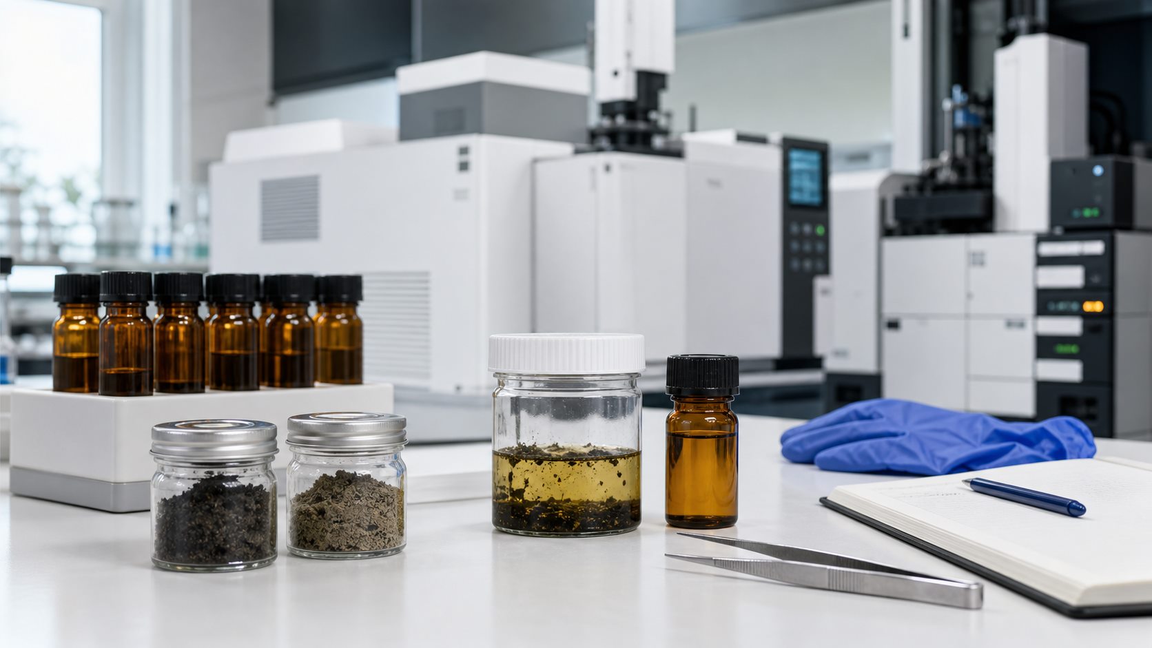 Environmental testing laboratory with amber vials and soil samples for PCB chemical analysis