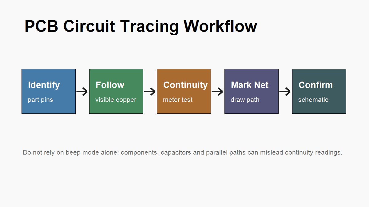 PCB circuit tracing workflow from identifying pins to confirming with schematic