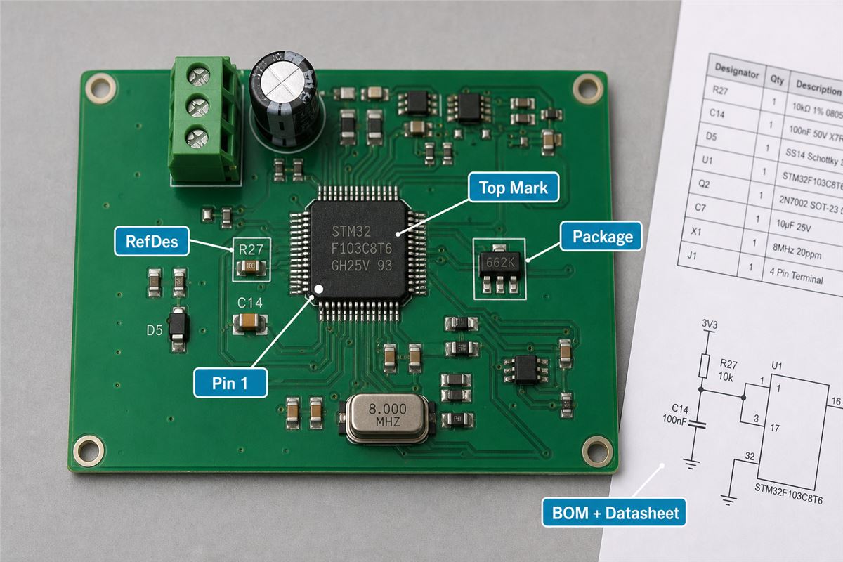 PCB component identification evidence showing reference designator, top marking, package, Pin 1, BOM and datasheet