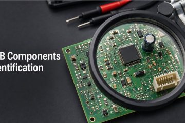 Populated printed circuit board under a magnifier for PCB components identification