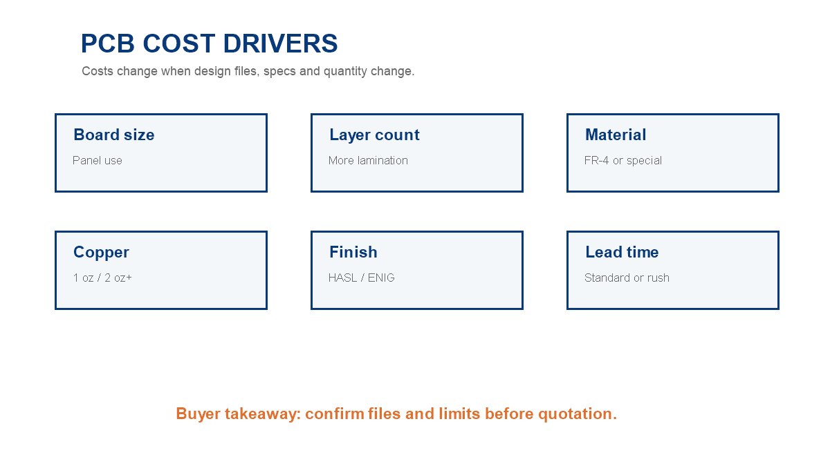 PCB cost drivers including board size layer count material copper finish and lead time