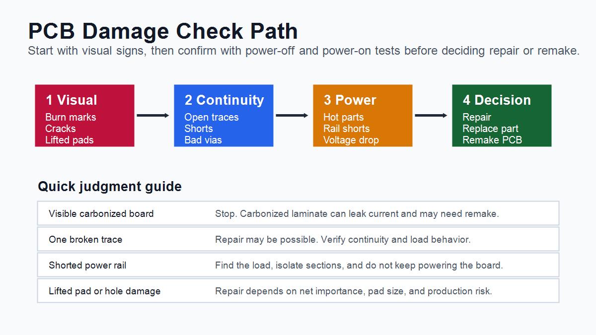 PCB damage check path showing visual inspection continuity power checks and repair decision