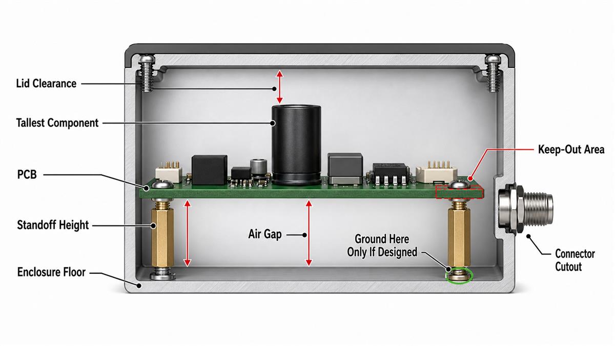 PCB enclosure cross-section showing lid clearance, standoff height, air gap, mounting keep-out, connector cutout and intentional grounding point