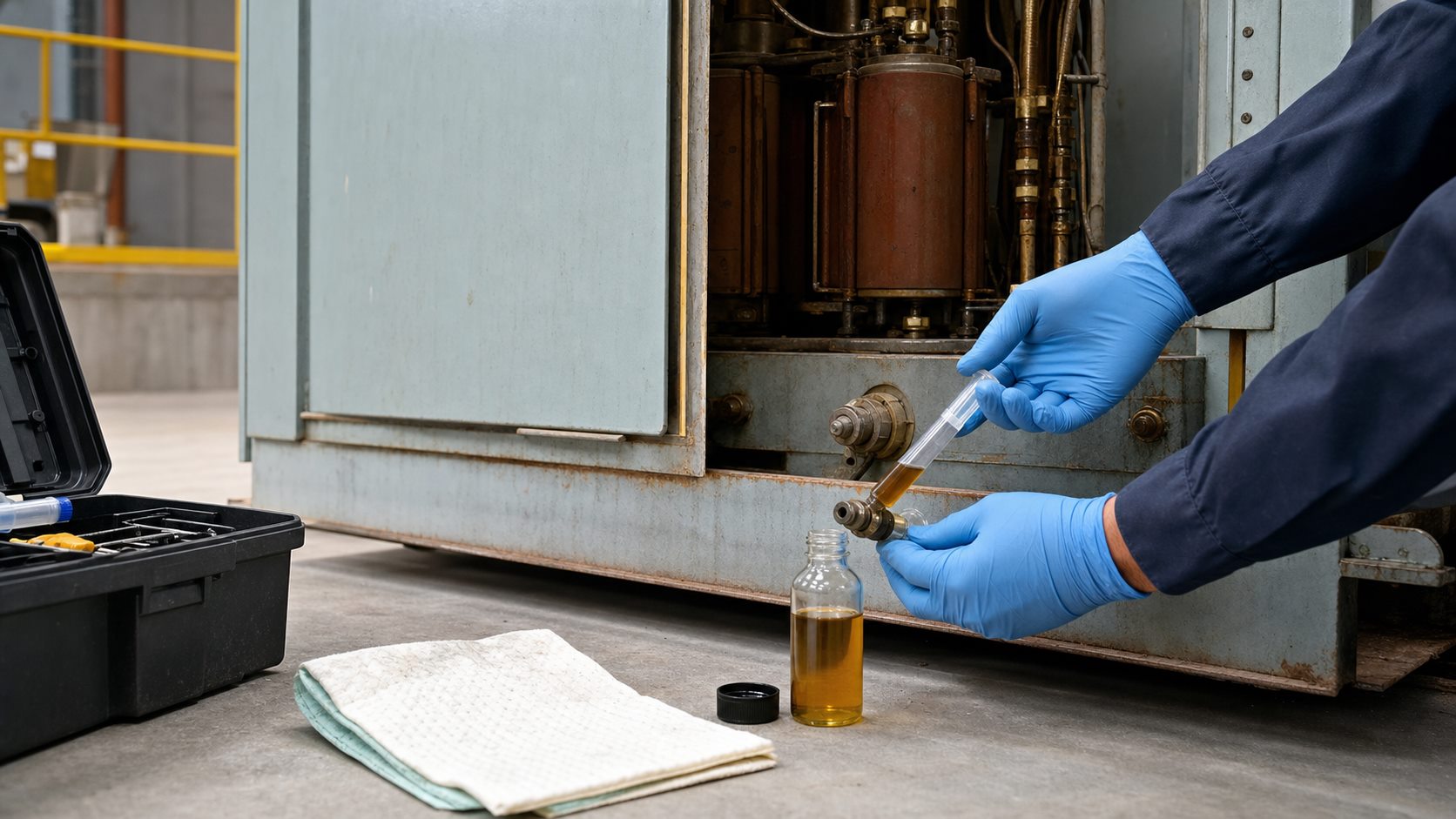 Technician wearing gloves collecting an oil sample from older industrial electrical equipment