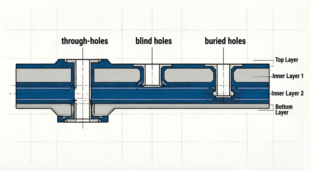 Cross-section diagram comparing through-hole, blind hole, and buried hole structures in a multilayer PCB