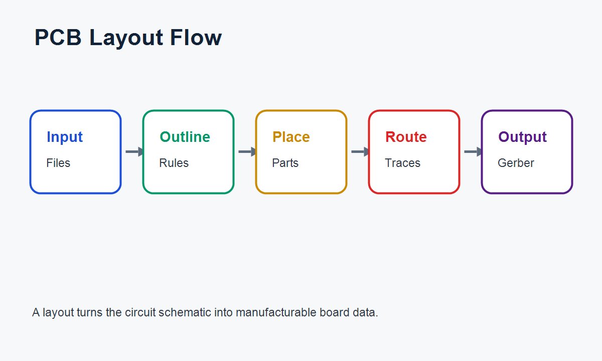 PCB layout flow from input files and outline rules to component placement, routing, and Gerber output