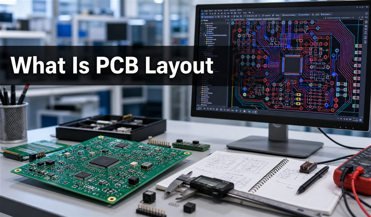 Engineer workstation showing PCB layout software, physical circuit boards, calipers, and test probes