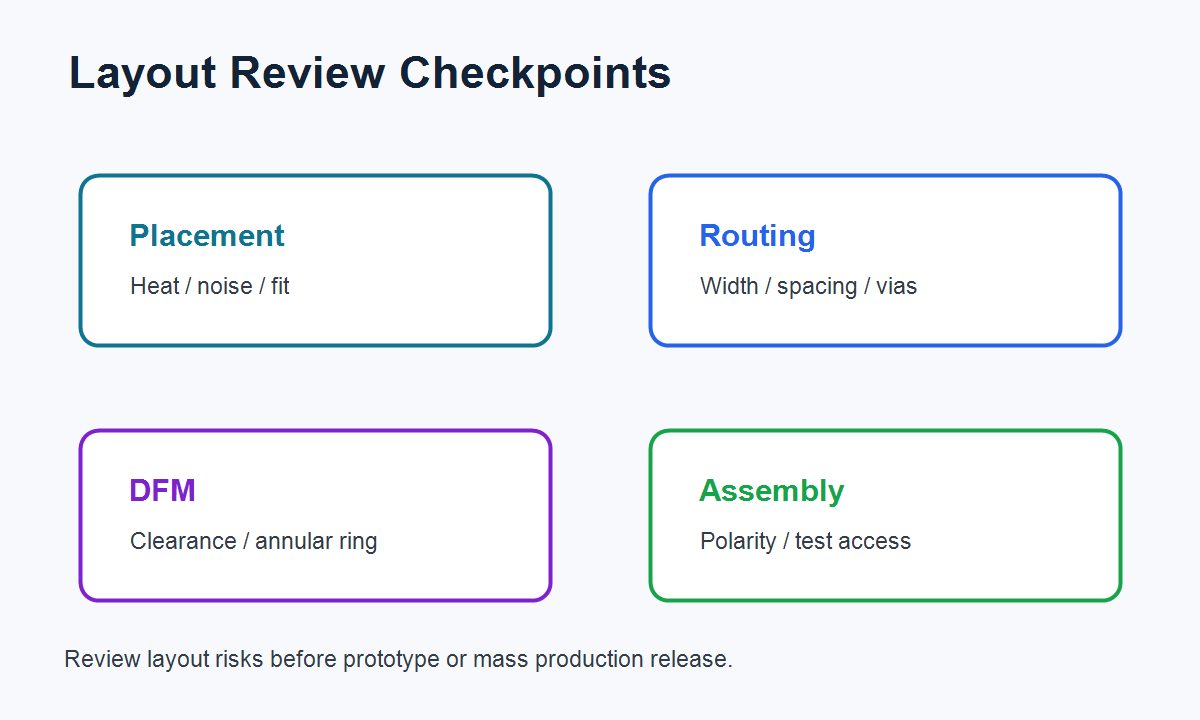 PCB layout review checkpoints for placement, routing, DFM, and assembly