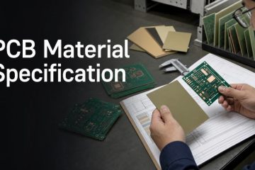Engineer comparing a PCB, laminate sample and fabrication drawing for material specification