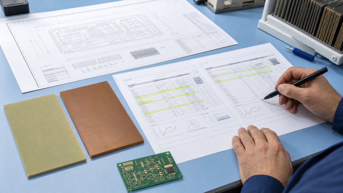 Engineer comparing PCB laminate samples, material data sheets and a fabrication drawing before approving a substitution