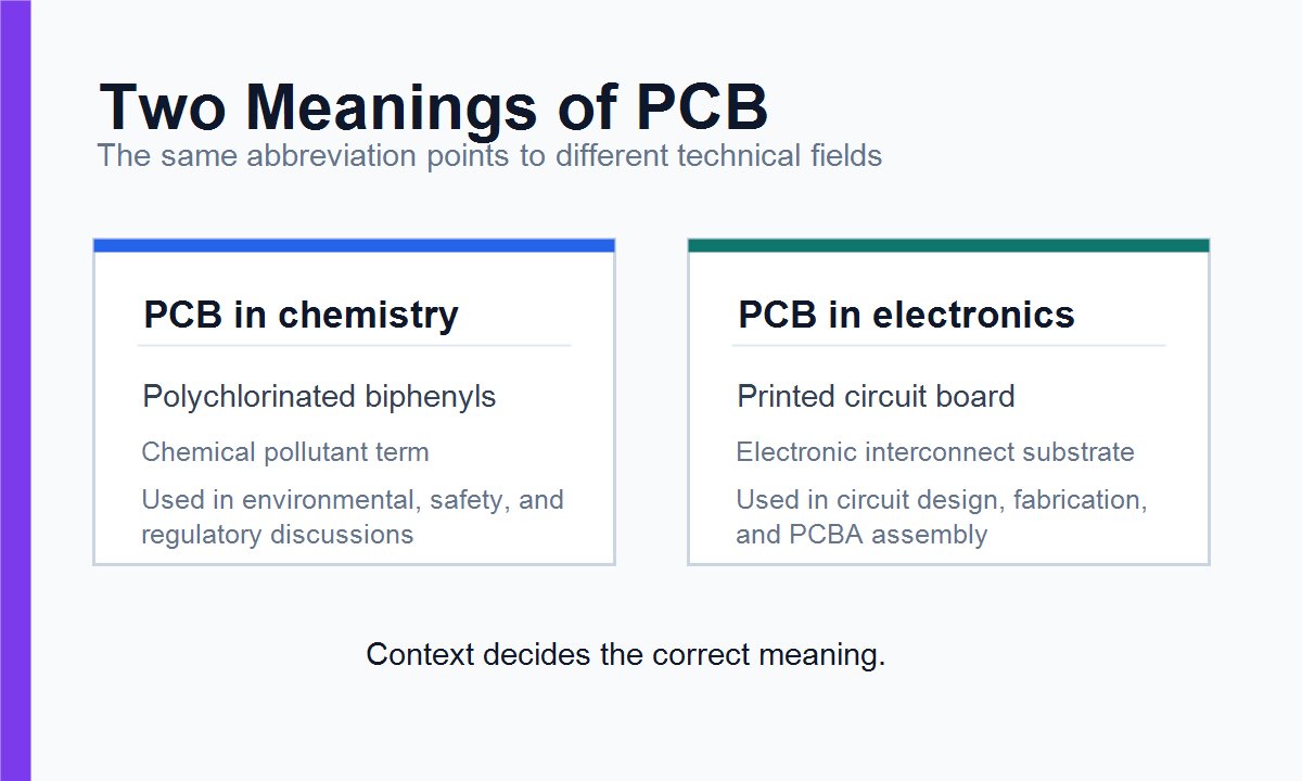 Two-column comparison infographic explaining PCB in chemistry and PCB in electronics