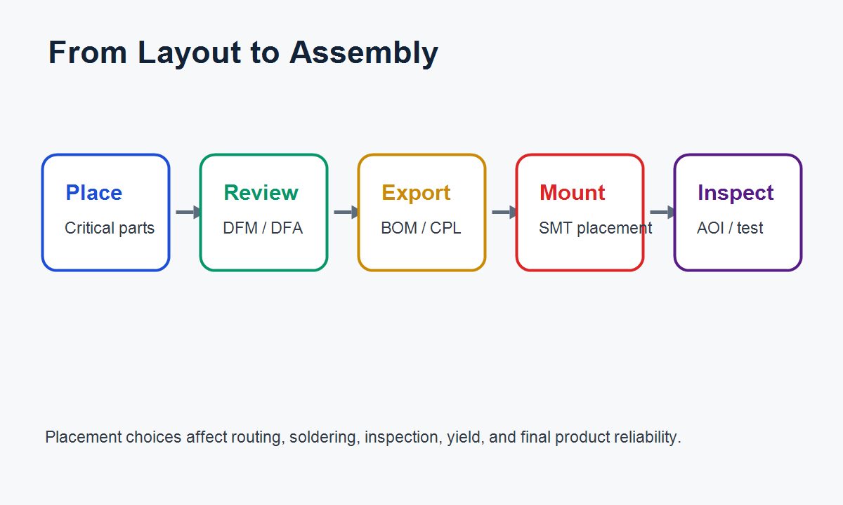 PCB placement workflow from layout and DFM review to BOM, CPL, SMT placement, AOI, and testing