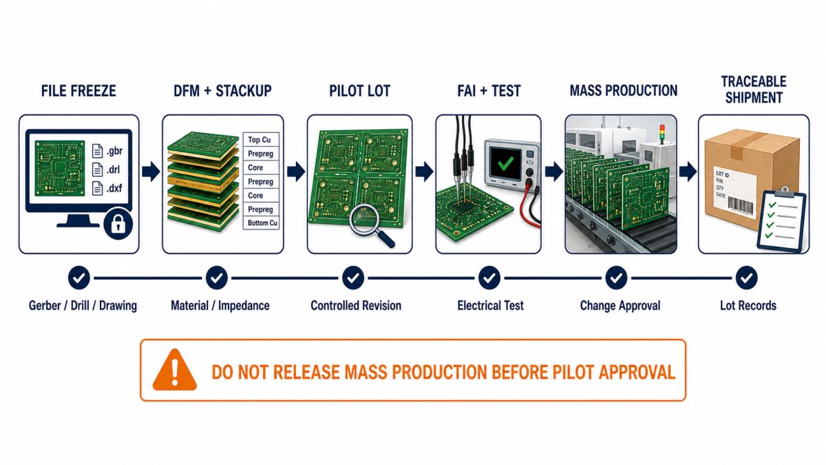 PCB production control flow from file freeze and DFM through pilot, first article test, mass production and traceable shipment