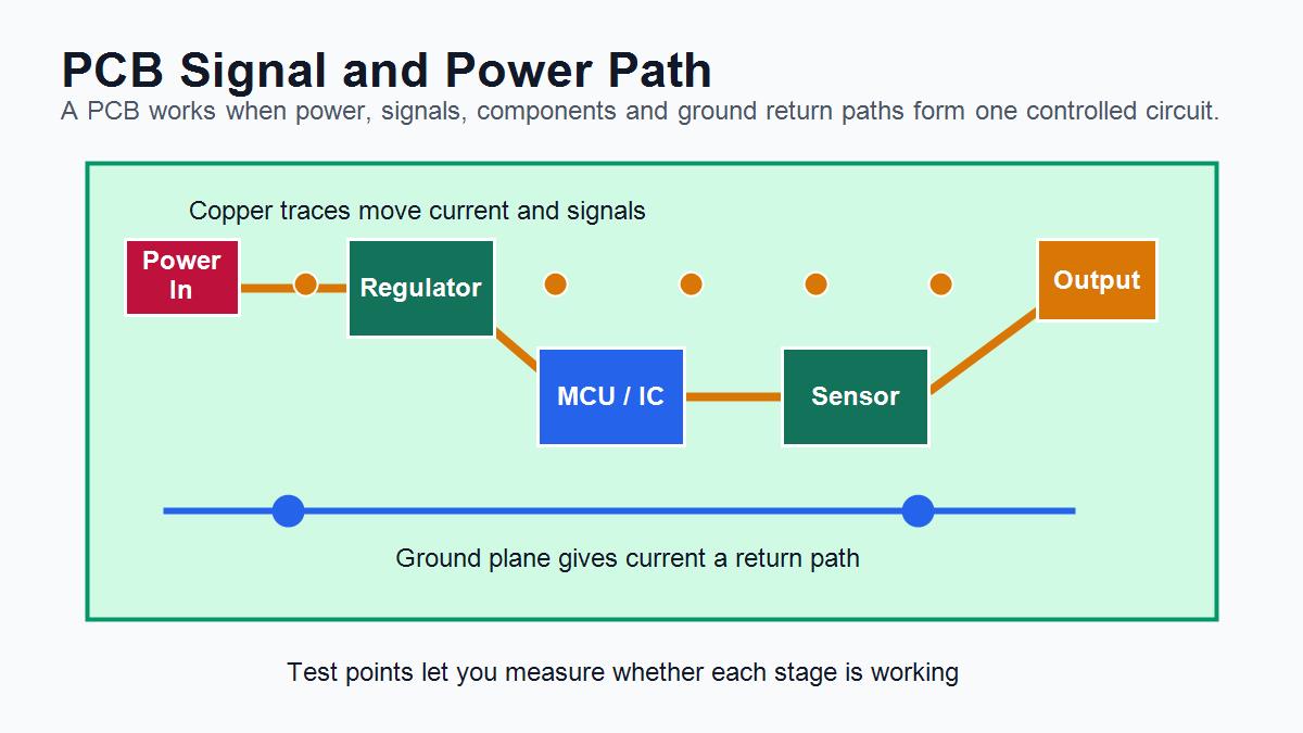 PCB signal and power path diagram showing copper traces, regulator, IC, sensor, output and ground return path