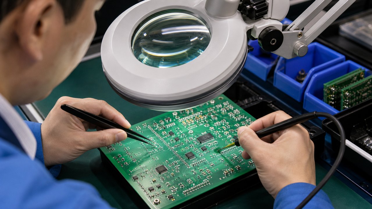 PCB solder joint inspection under a magnifying lamp after hand soldering