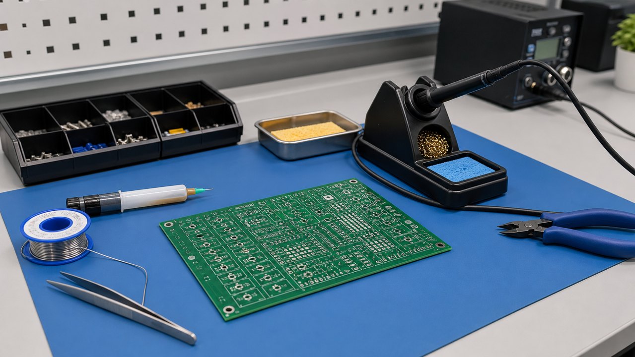 PCB soldering workbench with soldering iron, solder wire, flux, tweezers, ESD mat, and circuit board