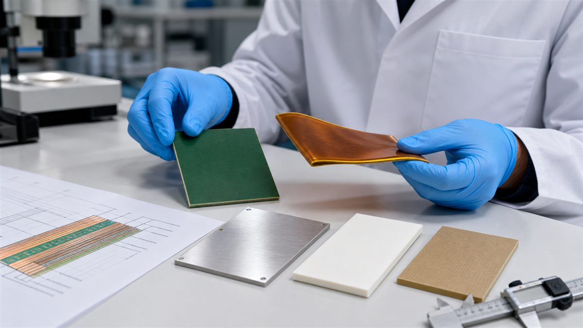 Engineer comparing rigid, flexible, metal-core and ceramic PCB substrate samples