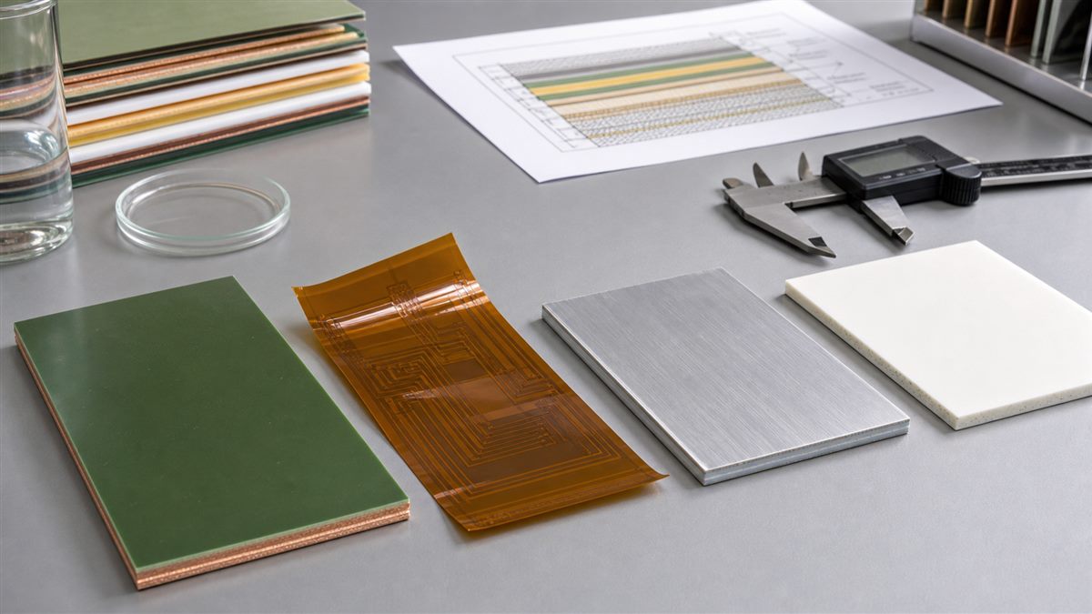 FR-4, flexible polyimide, metal-core and ceramic PCB substrate samples on an engineering bench
